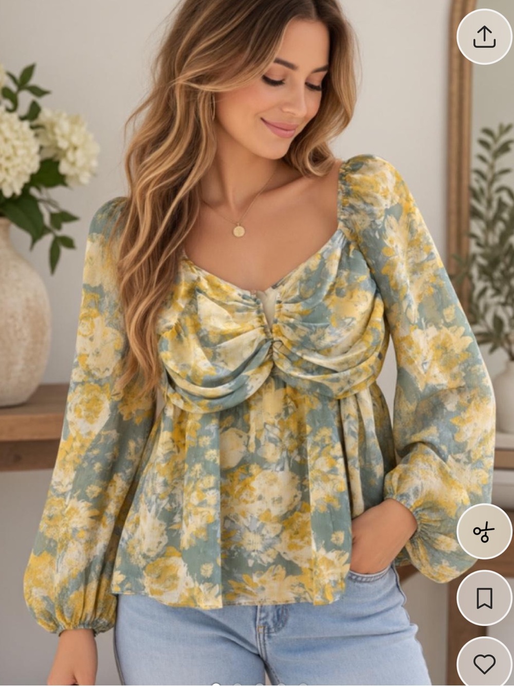 mittoshop Women’s L Floral Babydoll Blouse – Yellow Sage Blue with gold metallic